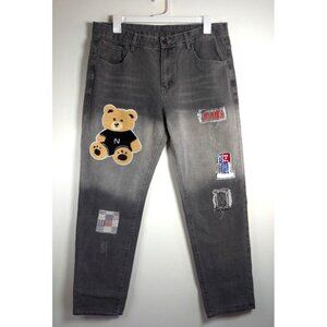 Streetwear Jeans Mens Size 40 Graphic Patch Teddy Bear Retro 90s Y2K Denim 40x32